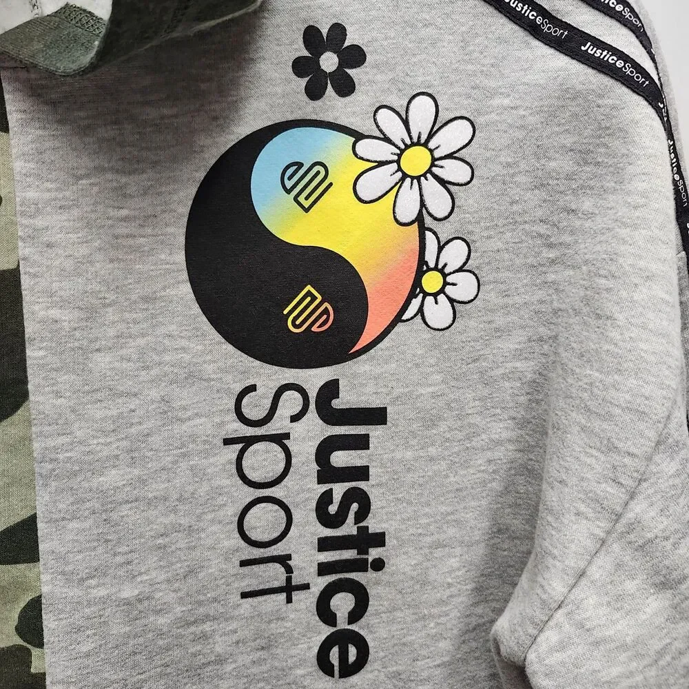 Justice Sport Girls XL Plus 16P-18P Hooded Sweatshirt Camouflage Gray Good Vibes